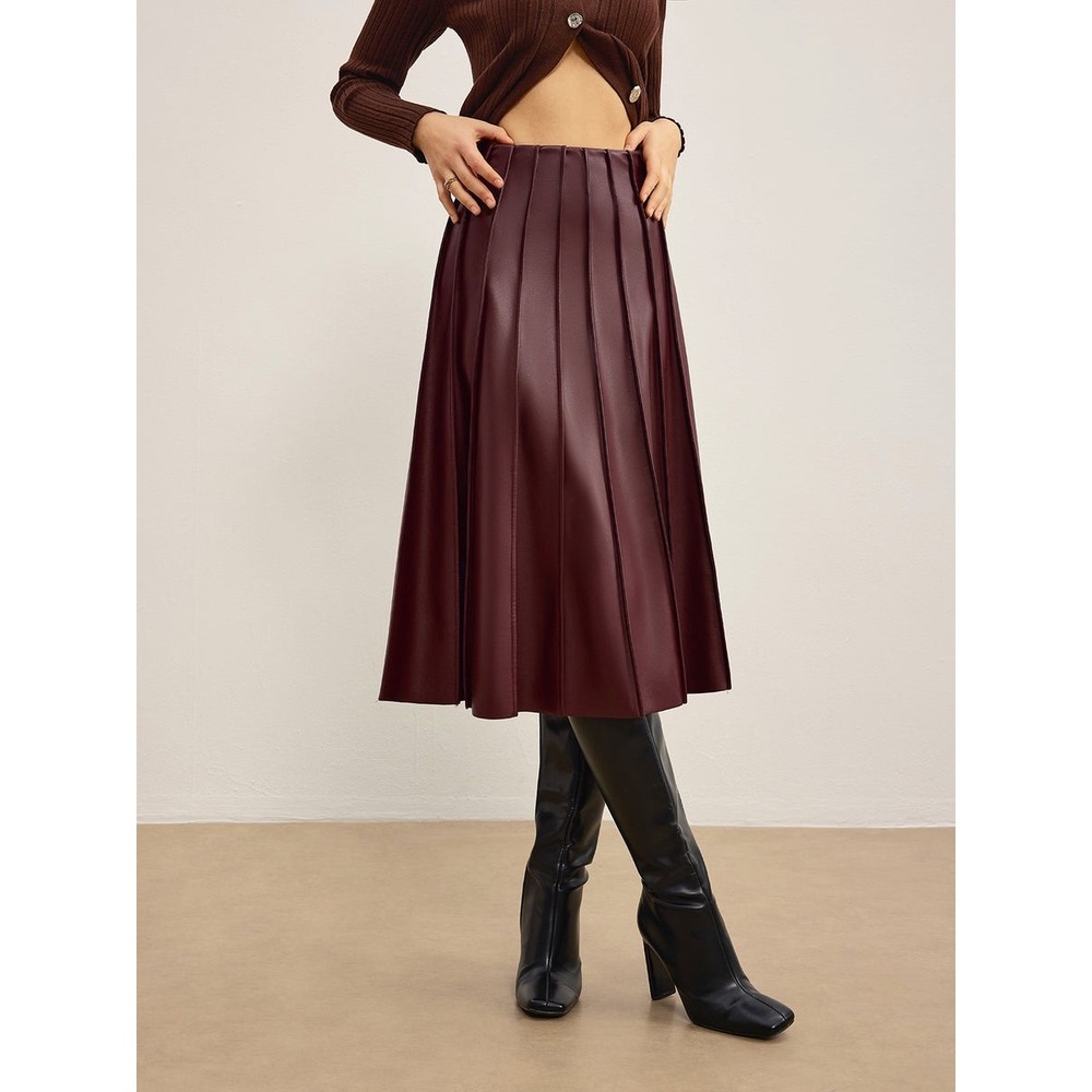 COMMENSE Burgundy Faux Leather Pleated Midi Skirt High Waist Size S